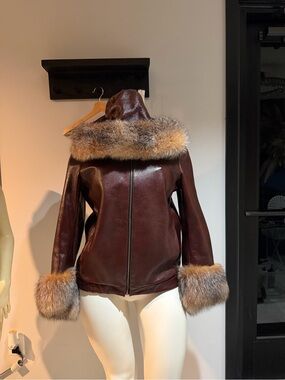 Women's Brown Leather Hooded Jacket with Fox Fur Trim